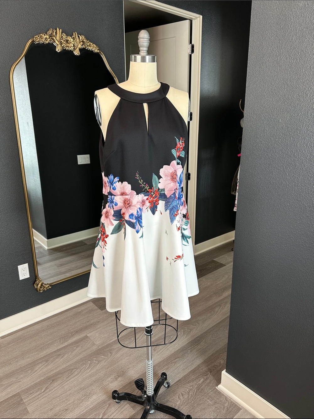 Ted Baker Black and White Floral Halter Midi Dress like new